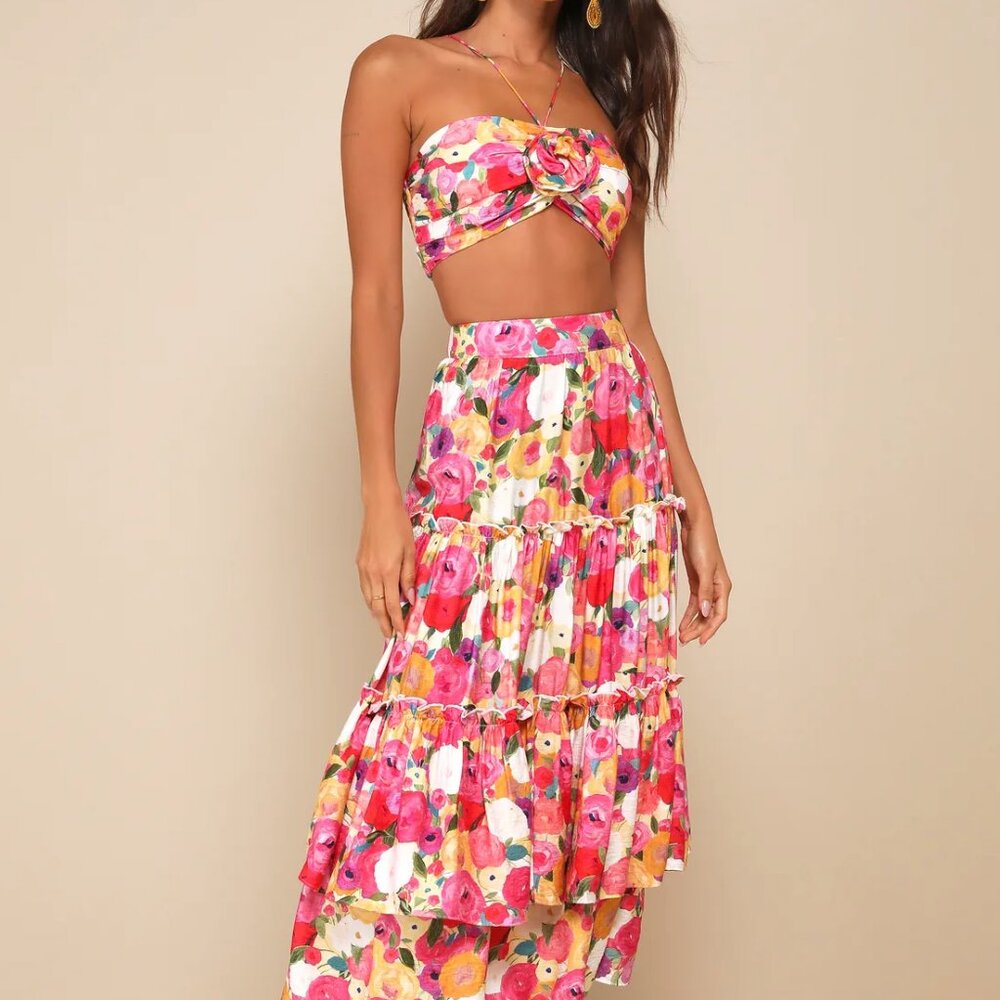 LULUS TWO-PIECE Incredible Aura Pink Multi Floral Tiered High-Rise Midi Skirt